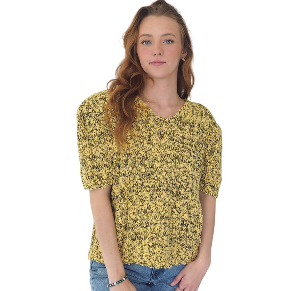 80s Vintage Knit Short Sleeve Yellow Black Sweater Shoulder Pads Women's Size M - Picture 3 of 5